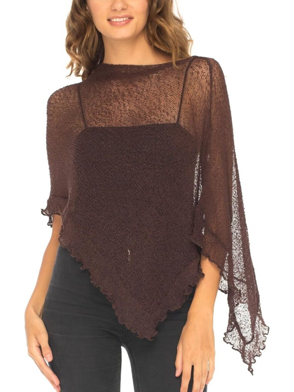 〽️Women’s Brown Sheer Knit Poncho Shrug Lightweight Asymmetrical Ruffle Wraps